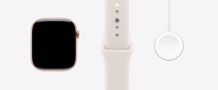 Apple Watch Series 11, caja de aluminio, color oro rosa, parte frontal, pantalla con diseño de borde a borde, correa deportiva rosa rubor, cable de carga magnética rápida con conector USB-C para el Apple Watch