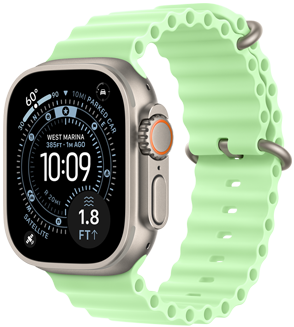 Apple Watch Ultra 3, Farbe Natur, Titangehäuse, Zifferblatt Orientierung, Komplikationen: UV Index, Aktivität, Satellit, Kompass, rechte Seitenansicht, Digital Crown, Mikrofon, Seitentaste, Ocean Armband, Farbe Neongrün