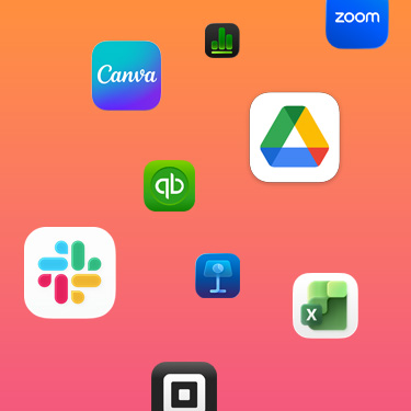 Slack, Canva, Google Workspace, Zoom, Quickbooks, Keynote, Excel, Square, Numbers 등 여러 생산성 앱 아이콘이 화려한 색상의 배경에 놓인 모습.