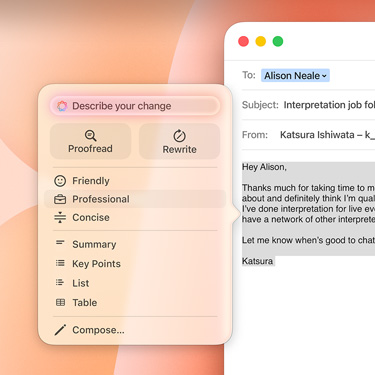 Apple Intelligence 프롬프트가 포함된 비즈니스 이메일.