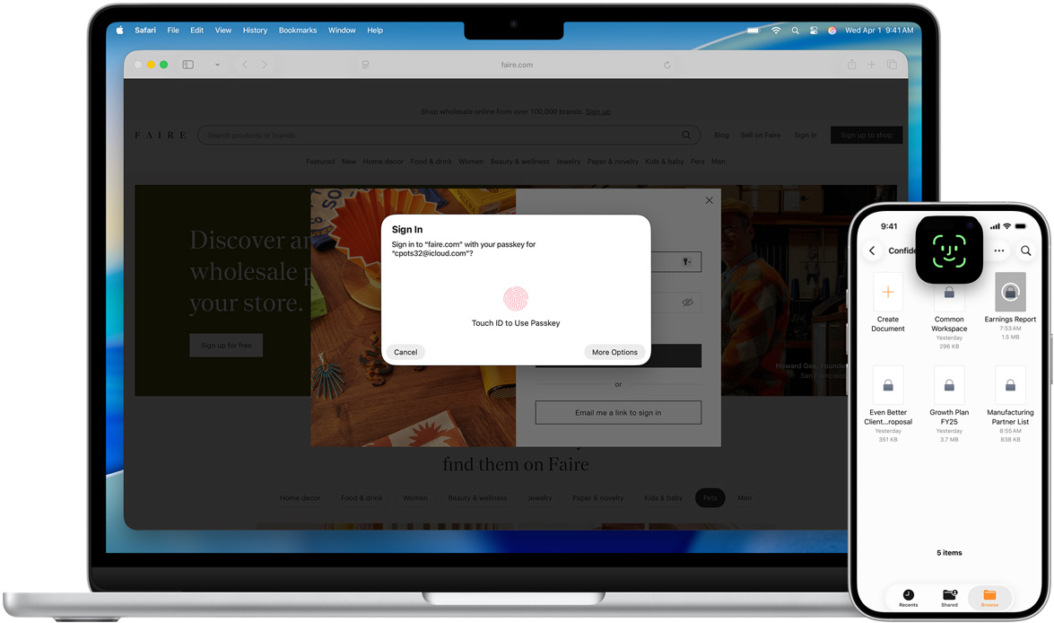 Touch ID 창이 표시된 MacBook의 전면. MacBook 앞에는 Face ID 화면이 띄어져 있는 iPhone이 있습니다.