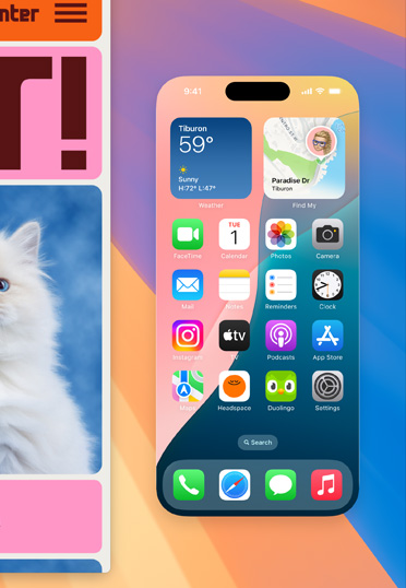 A MacBook desktop shows a full-size iPhone screen with various widgets. A browser window on the left displays a colourful background.