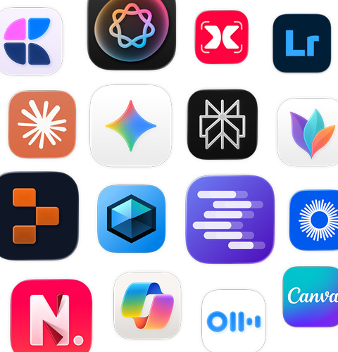 Una serie di icone di app di AI, tra cui MindNode, Adobe Lightroom, Claude e Google Gemini