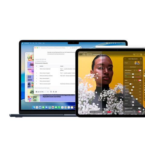 Apple Inelligence가 표시된 Mac 화면 및 Pixelmator Pro가 표시된 iPad 화면의 모습