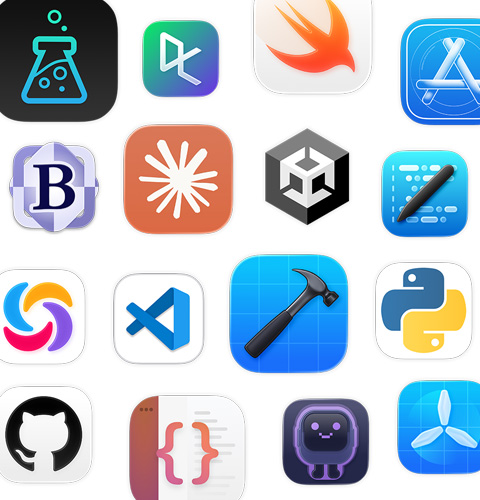 Una serie di icone di app di coding, tra cui Unity Editor, DataCamp, Swift Playground e Apple Developer.