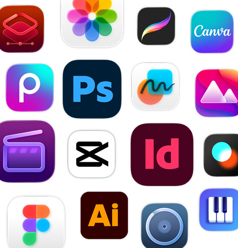 Una serie di icone di app per la creatività, tra cui Adobe Illustrator, Canva, CapCut e Figma