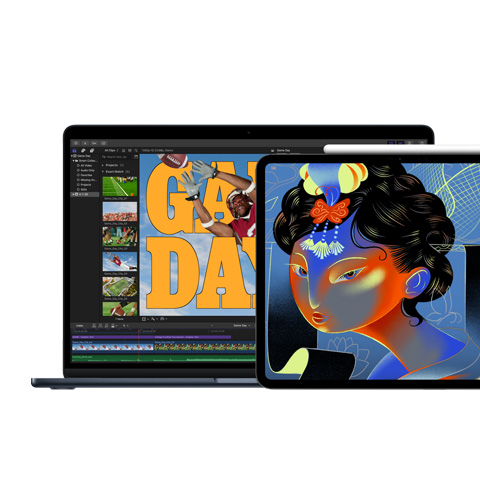 Schermo di un Mac con Final Cut Pro, schermo di un iPad con Procreate Dreams