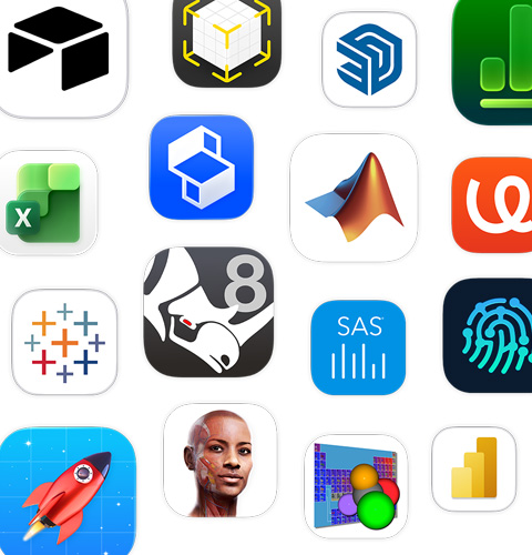 Una serie di icone di app STEM, tra cui Shapr3D, MATLAB, uMake e Tableau.