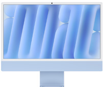 iMac, mostrato di fronte, blu, fotocamera in alto al centro, sullo schermo uno sfondo astratto blu.