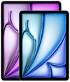 Due iPad Air di dimensioni diverse, mostrati di fronte, quello più piccolo davanti a quello più grande, con vivaci motivi sfumati viola e blu.
