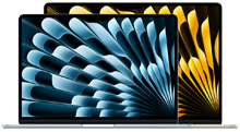 Due MacBook Air aperti, quello più piccolo davanti a quello più grande, sfondi vivaci con design astratto blu e giallo.