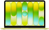 MacBook Neo, aperto, che mostra uno sfondo colorato sfumato con strisce verticali nelle tonalità di verde, giallo e blu.