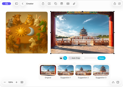 Schermo che mostra l’app Freeform con due funzionalità di Apple Creator Studio: Generazione immagini e Ritaglio automatico.