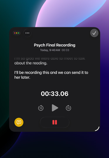 Schermata che mostra l’app Note che registra un audio.