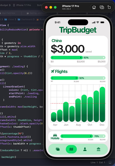 Uno schermo che mostra un'app in fase di programmazione in Xcode.