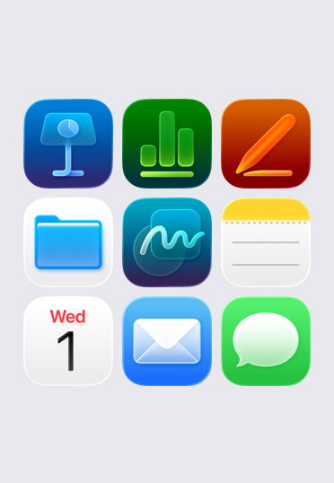 Icone delle app Apple, disposte in una griglia 3x3, tra cui: Keynote, Numbers, Pages, File, Note e Calendario.