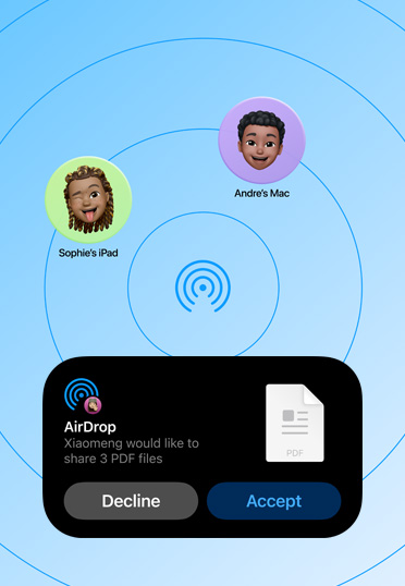 Interfaccia AirDrop che mostra una richiesta di condivisione di tre file PDF, con opzioni per rifiutare o accettare.