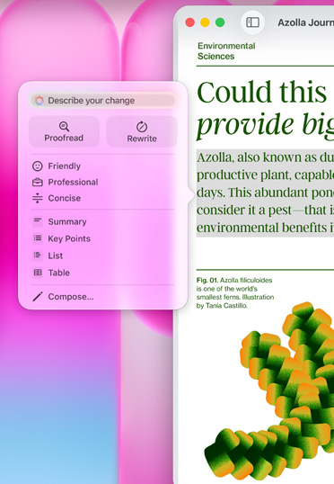 Un articolo in Pages, con un prompt Apple Intelligence con opzioni per riassumere il testo evidenziato, renderlo più conciso e altro ancora.