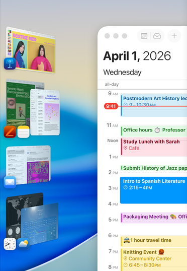 Diverse app Apple, tra cui Keynote, Pages, Note e Mail, visualizzate in gruppi su uno schermo.