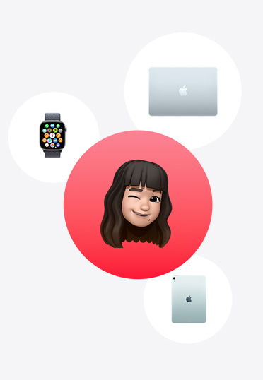 Apple Watch, MacBook, iPad, circondano una Memoji in un cerchio rosso.