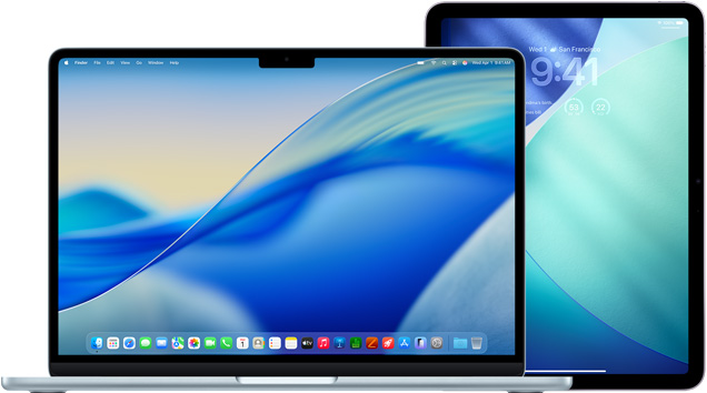 왼쪽에 놓인 MacBook 및 오른쪽에 놓인 iPad의 모습. 두 기기 모두 동일한 파란색과 녹색의 배경화면을 보여주는 화면을 표시하고 있습니다.