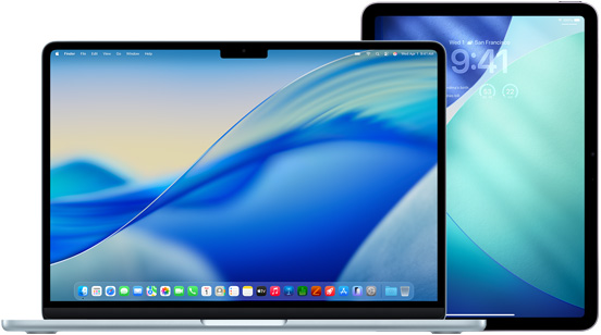 左邊是 MacBook，右邊是 iPad，螢幕顯示相似的藍色與綠色背景圖片。