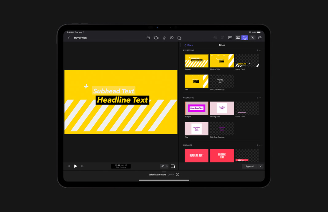 A variety of title treatments with colored backgrounds, designs, and fonts.