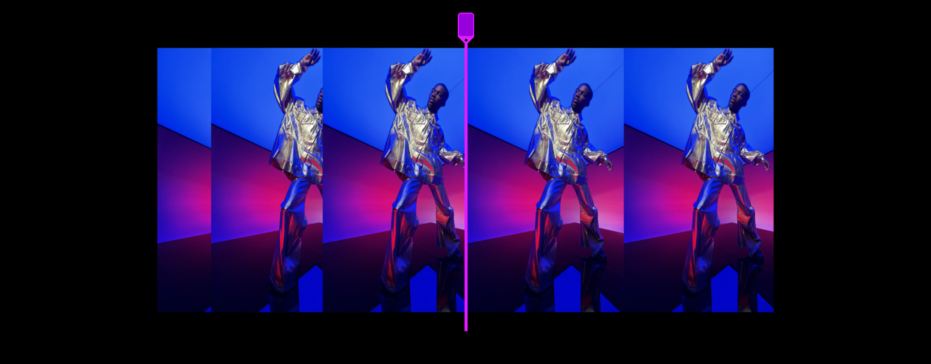Multiple frames of male dancer in silver suit against blue and red background