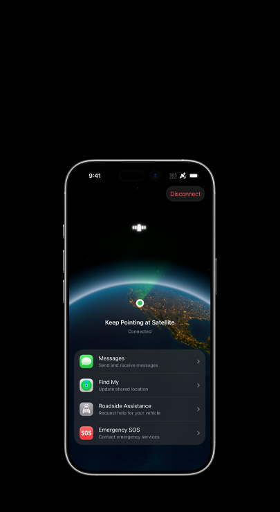 iPhoneに、米国の衛生画像と、Wi-Fiもモバイルデータ通信も利用できない時にメッセージを送受信するための通知、メッセージ、探す、ロードサービス、緊急SOSといった使用できる機能のリストが表示されている