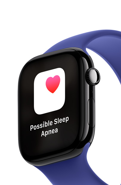 La pantalla de un Apple Watch muestra una notificación de apnea del sueño en la app Apnea del Sueño.