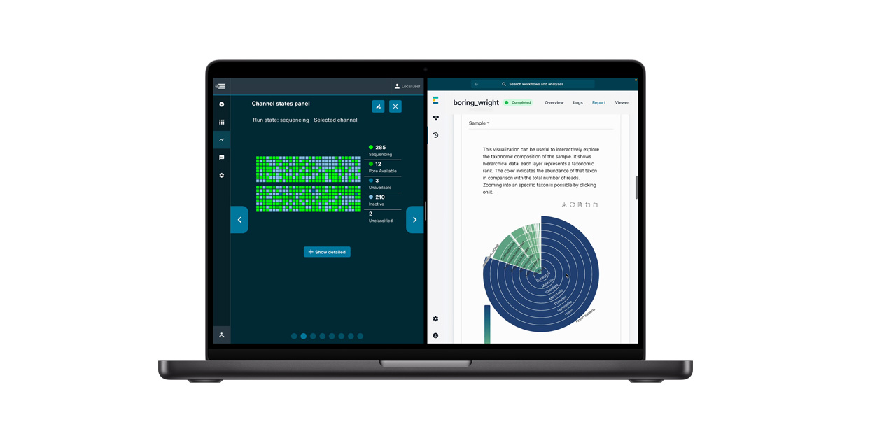 A MacBook displaying Oxford Nanopore's DNA sequencing app.