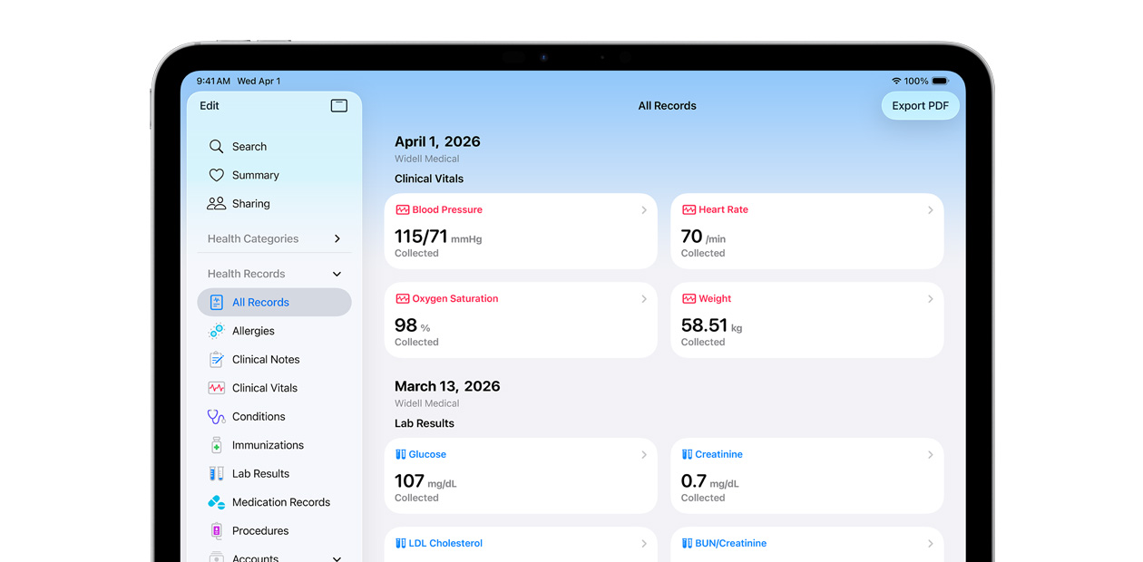 Appleのヘルスケアアプリが表示されているiPadの画面