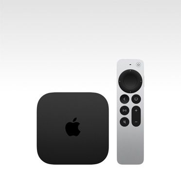 Apple TV 4K, couleur noire, vue du dessus, montrée avec la télécommande Siri Remote, couleur argent
