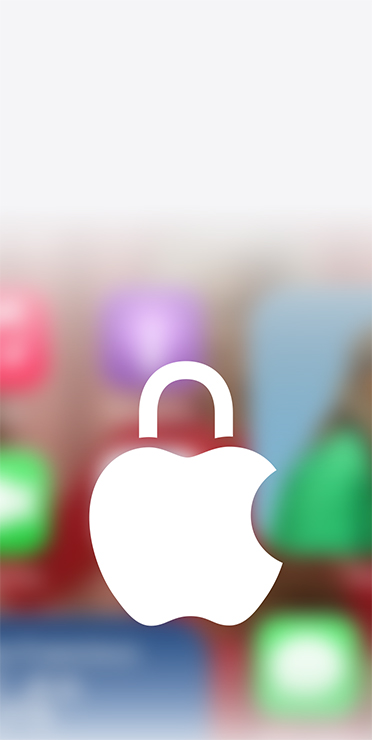 Apple privacy logo with a lock icon, white on a blurred background of the Apple HomeView home screen