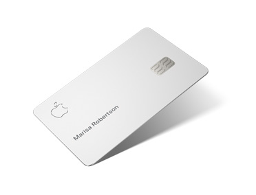 Apple Card, titanium color, shown at an angle with the name Marisa Robertson