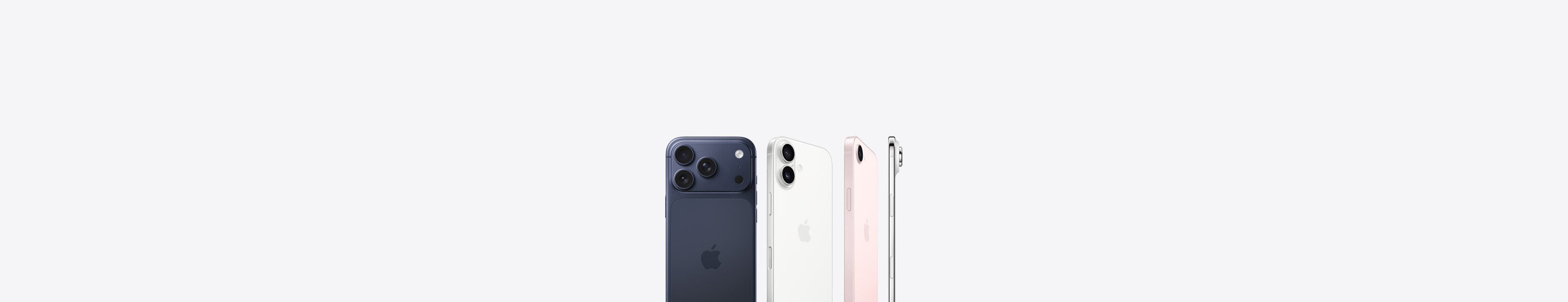 Dybblå iPhone 17 Pro vist bagfra, Pro Fusion-kamerasystem i øverste venstre hjørne, Apple-logo midtpå, hvid iPhone 17 vist bagfra, Fusion-dobbeltkamerasystem i øverste venstre hjørne, Apple-logo midtpå, sart rosa iPhone 17e vist bagfra, Fusion-kamerasystem i øverste venstre hjørne, Apple-logo midtpå, iPhone Air vist fra siden, ramme i titanium, Fusion-kamerasystem i øverste venstre hjørne