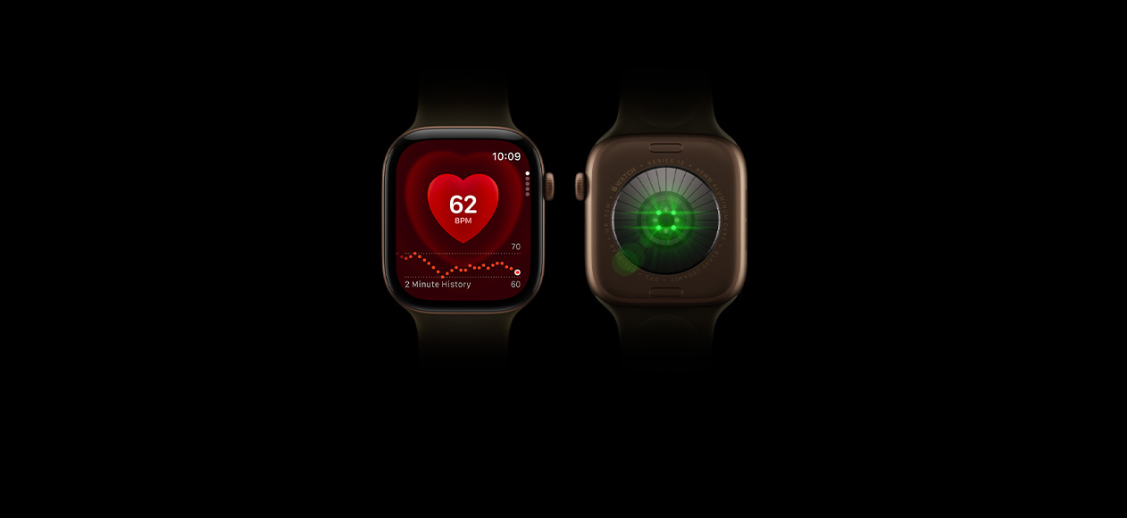 Zwei Apple Watch Series 12 Modelle, Aluminiumgehäuse, Farbe Dunkelbronze, Sportarmband in Olive, eine zeigt die Vorderseite mit der Herzfrequenz App, die andere zeigt die Rückseite mit dem System zur Gesundheitserkennung und leuchtenden grünen LEDs.