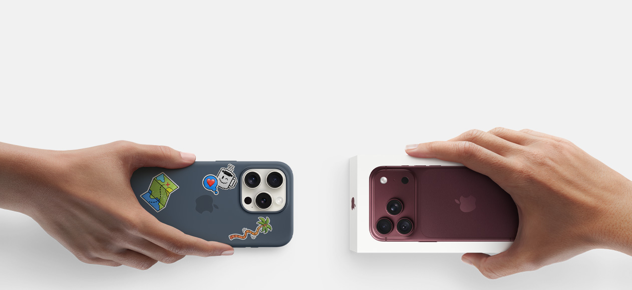 Zwei Hände tauschen ein in Zahlung gegebenes iPhone 16 Pro in Silber mit Silikon Case und Aufklebern auf der Rückseite gegen ein neues iPhone 18 Pro in Burgunder (Dunkelrot) im Karton.
