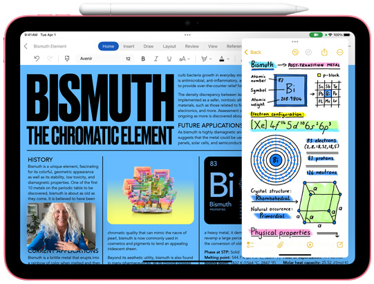 Pohled zepředu na iPad a na Apple Pencil, který se nabíjí na jeho horní straně