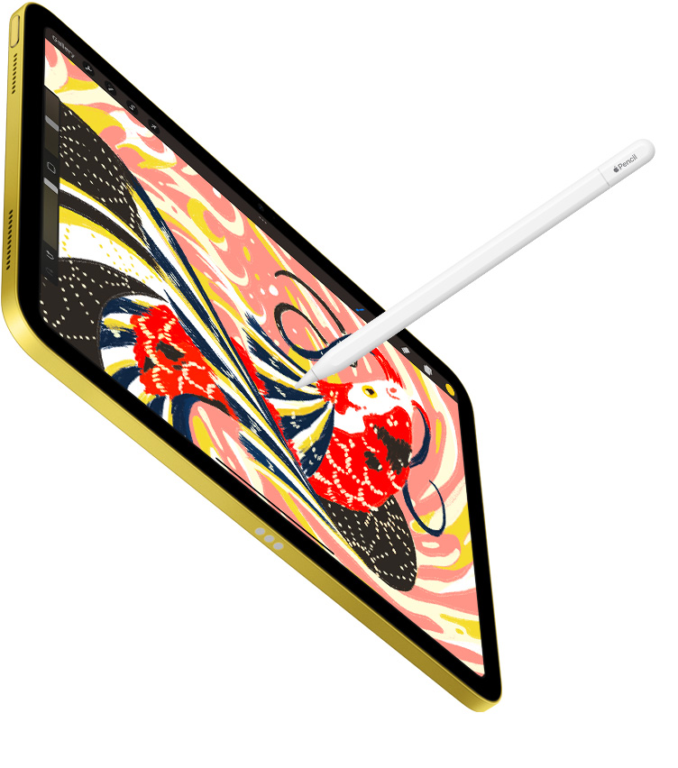 iPad hiển thị ảnh minh họa đầy màu sắc của một con cá trên ứng dụng Procreate, Apple Pencil đang vẽ trên iPad