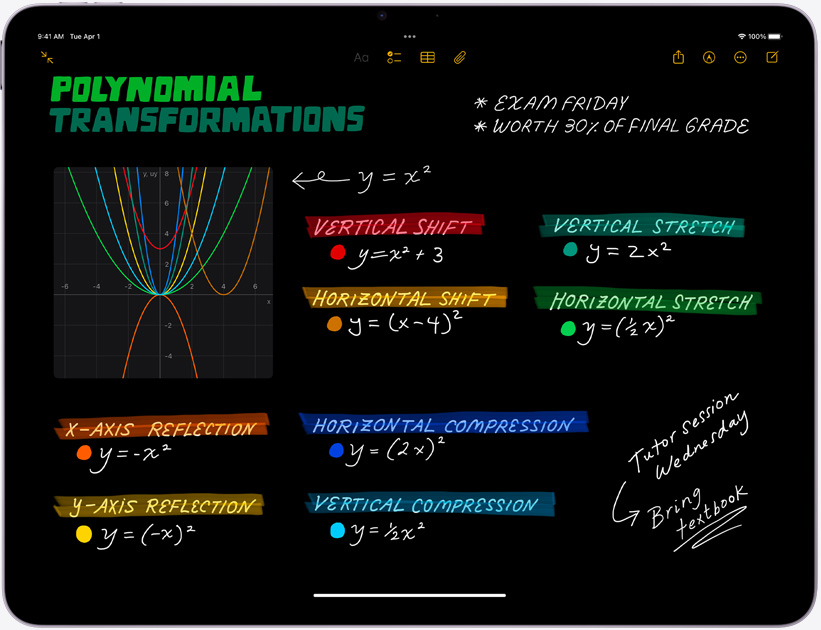 iPad Air, pejzažna orijentacija, zaslon prikazuje Math Notes
