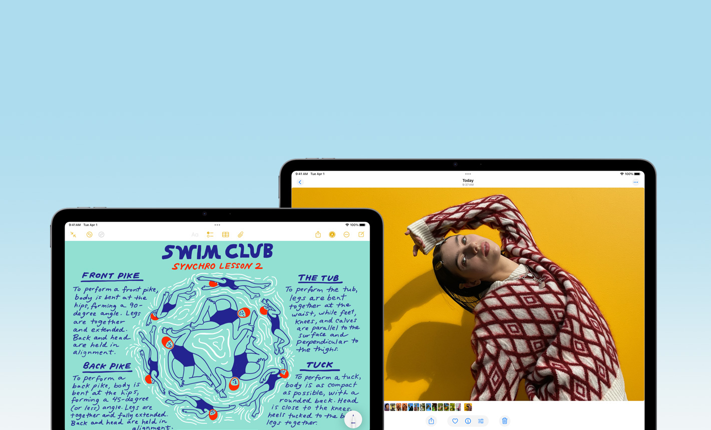 Prednji vanjski prikaz 11-inčnog iPada Air na kojem se prikazuju Bilješke i 13-inčnog iPada Air na kojem se prikazuju Fotografije kako bi se demonstrirale različite veličine zaslona