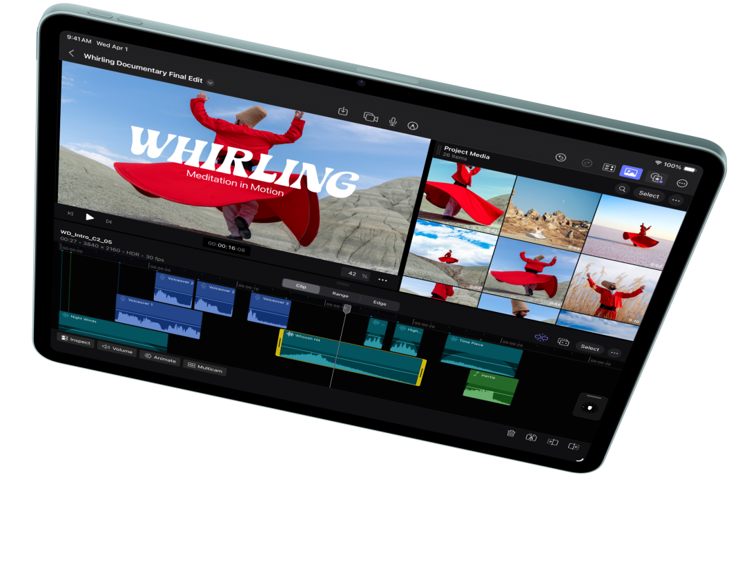 iPad Air, colocado na horizontal, a mostrar a edição de um vídeo no Final Cut Pro