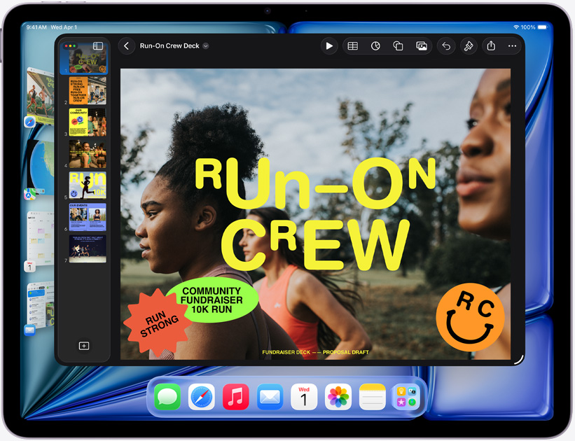 iPad Air, colocado na horizontal, o ecrã mostra uma apresentação do Keynote
