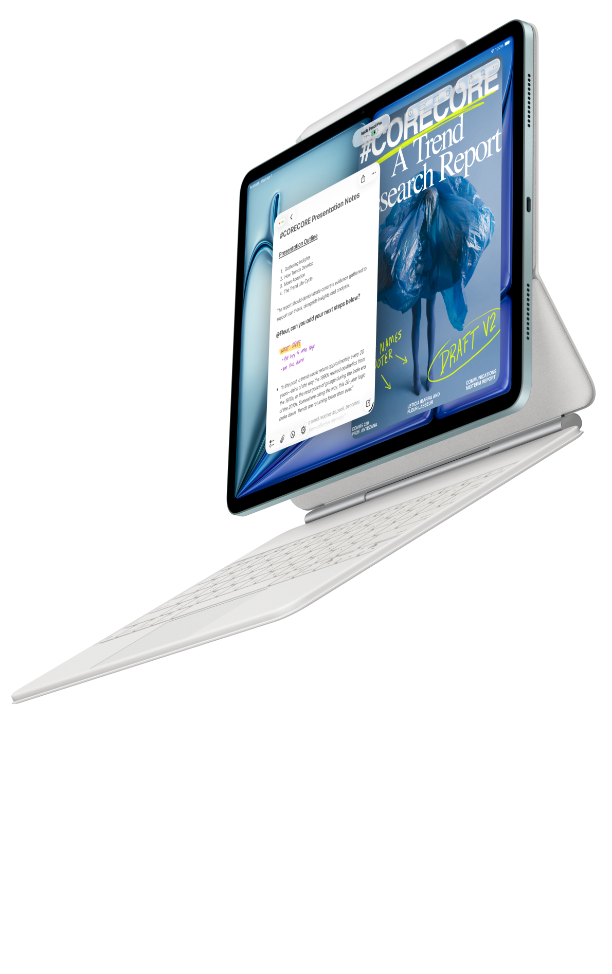 iPad Air encaixado no Magic Keyboard para iPad Air, e Apple Pencil Pro