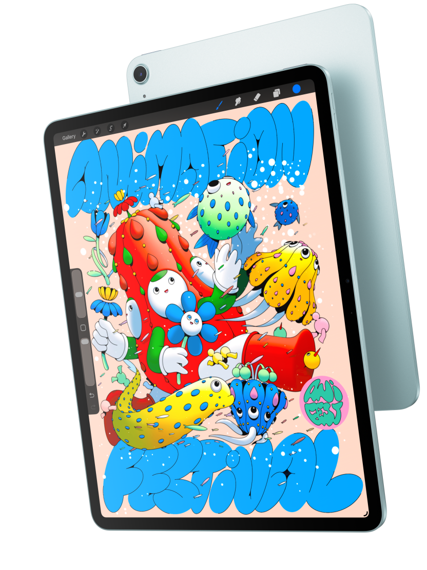 Vista frontal do iPad Air de 13 polegadas com a app Procreate, a cobrir parcialmente a vista traseira de um iPad Air azul