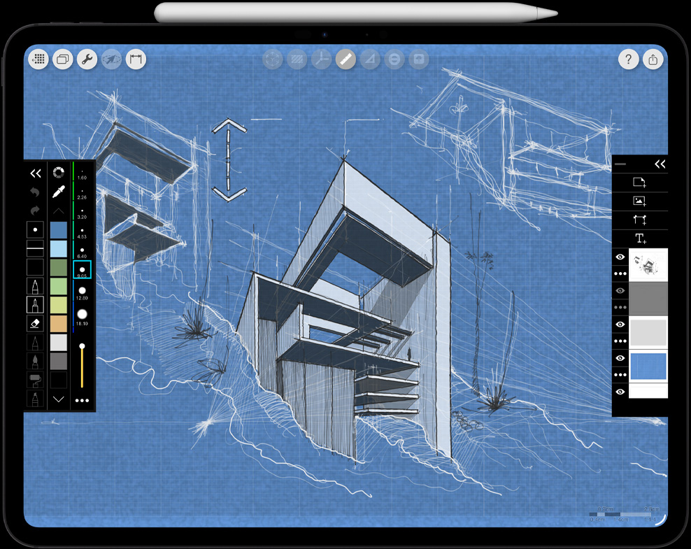 Un iPad Pro, parte frontal, posición horizontal, color negro espacial, un Apple Pencil Pro descansa sobre un iPad Pro, parte lateral, posición horizontal, color blanco, la pantalla muestra un dibujo arquitectónico con menús de efectos y herramientas abiertos a la izquierda y a la derecha