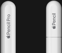 Un Apple Pencil Pro, parte lateral, color blanco, extremo redondeado grabado con el logo de Apple y las palabras Pencil Pro, Apple Pencil (USB-C), parte lateral, color blanco, extremo redondeado grabado con el logo de Apple y la palabra Pencil