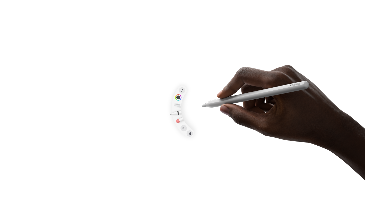 iPad Pro, parte frontal, en posición horizontal, animación de una mano sosteniendo un Apple Pencil Pro, el gesto apretar hace que aparezca una paleta de herramientas bajo la punta del lápiz
