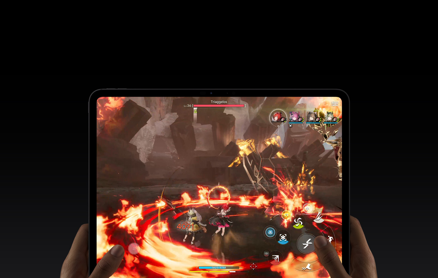Parte frontal de un iPad Pro, posición horizontal, esquinas redondeadas, marco de la pantalla negro, manos sosteniendo los lados izquierdo y derecho, la pantalla muestra el videojuego Arknights: Endfield